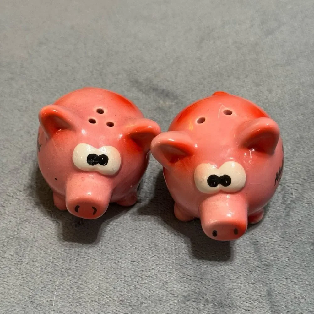 Vintage Goofy Pink Pig Ceramic Salt and Pepper Shakers